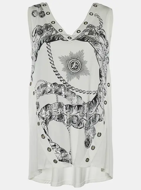 Roberto Cavalli White Printed Jersey Eyelet Top S