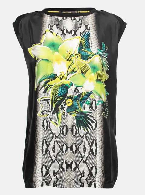 Roberto Cavalli Black Jersey Parrot Printed Top M