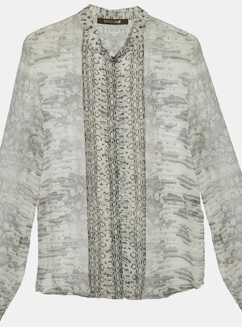 Roberto Cavalli Light Grey Snakeskin Printed Silk Button Front Shirt S