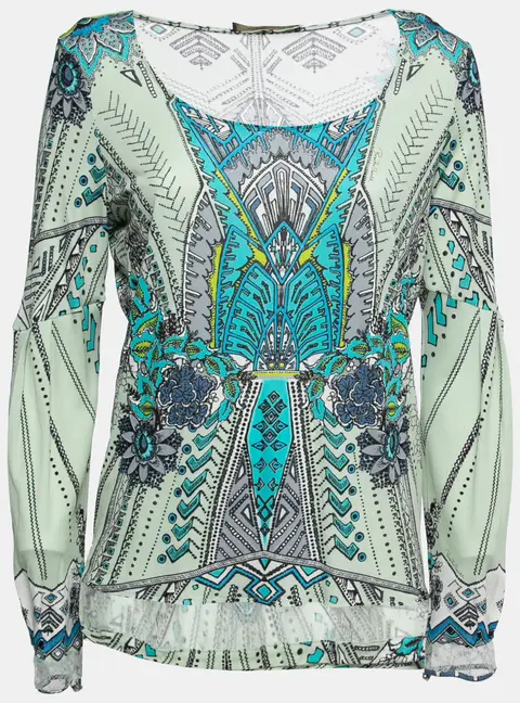 Roberto Cavalli Multicolor Printed Jersey Lace Trimmed Top M