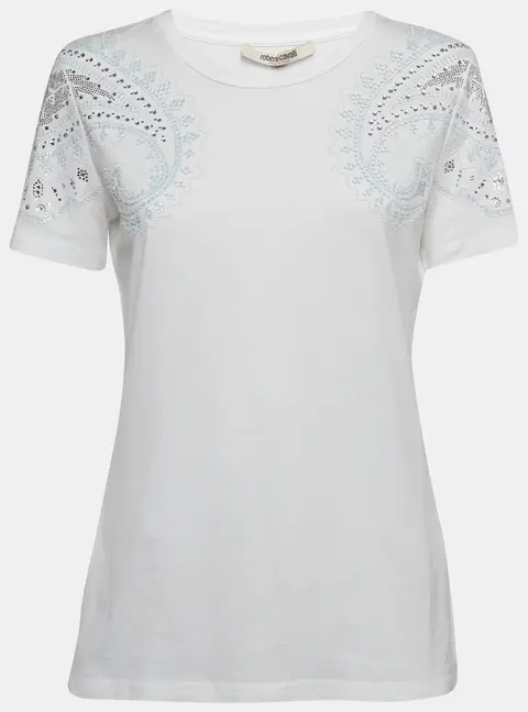 Roberto Cavalli White Crystal Embellished Jersey T-Shirt M