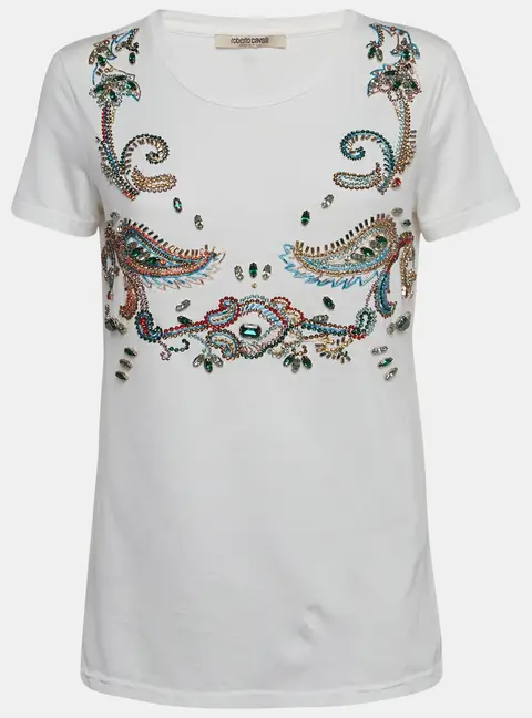 Roberto Cavalli White Crystal Embellished Knit Top M