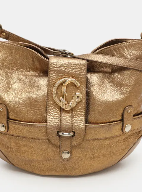 Roberto Cavalli Gold Leather Charm Flap Hobo