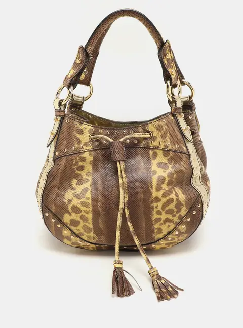 Roberto Cavalli Yellow/Brown Foil Leather and Karung Leather Tassel Drawstring Hobo