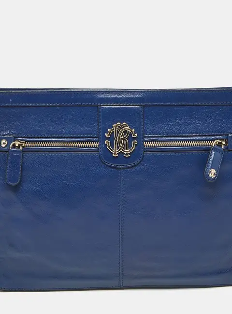 Roberto Cavalli Blue Leather RC Zip Around Clutch