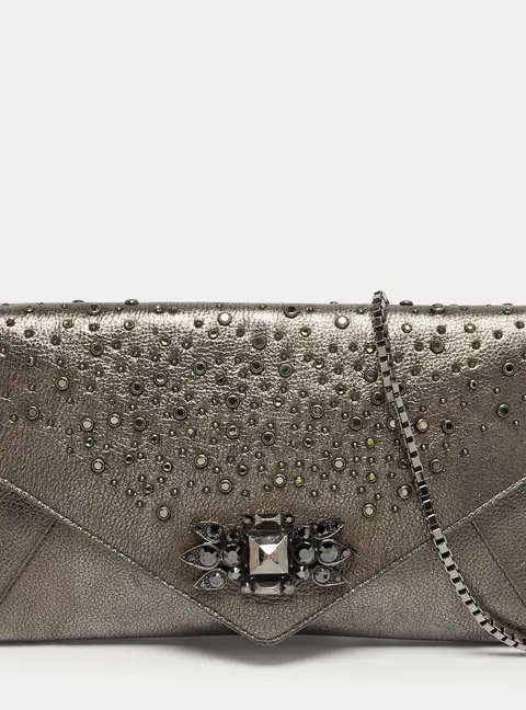 Roberto Cavalli Crystal Embellished Metallic Grey Leather Chain Clutch