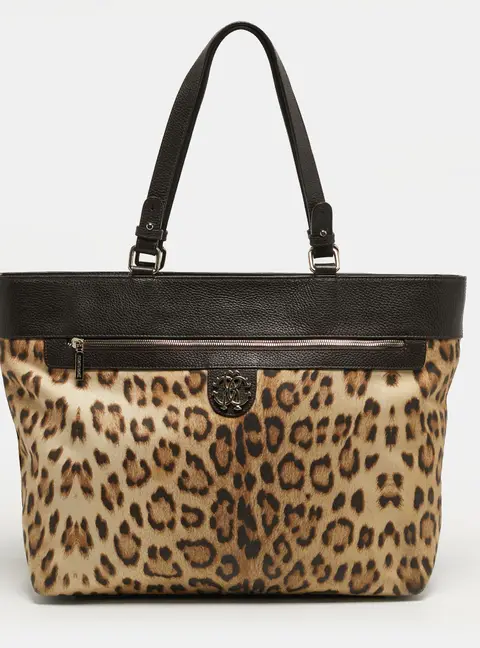 Roberto Cavalli Top Zip Brown Leopard Print Fabric and Leather Tote
