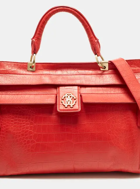 Roberto Cavalli Red Croc Embossed Leather Top Handle Bag
