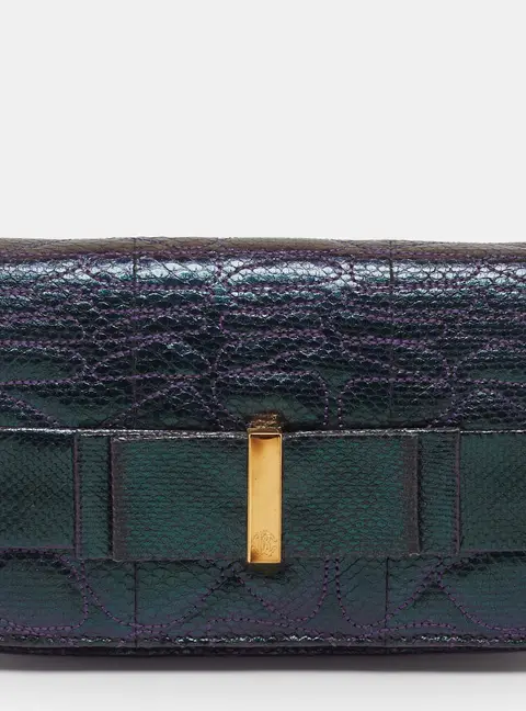 Roberto Cavalli Bow Flap Iridescent Purple Karung Leather Clutch