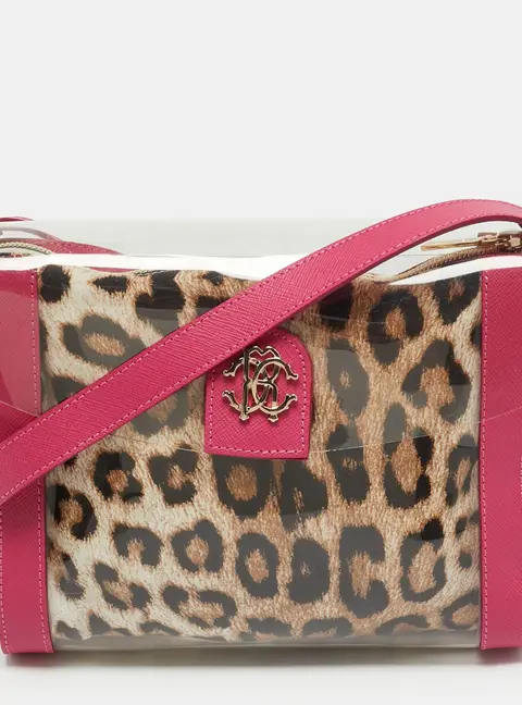 Roberto Cavalli Leopard Print Pink/Brown Leather PVC Crossbody bag