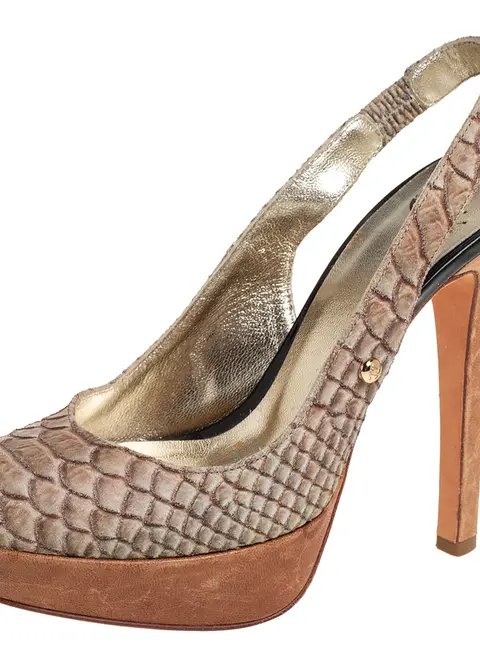 Just Cavalli Grey Python Embossed Leather Slingback Platform Sandals Size 36