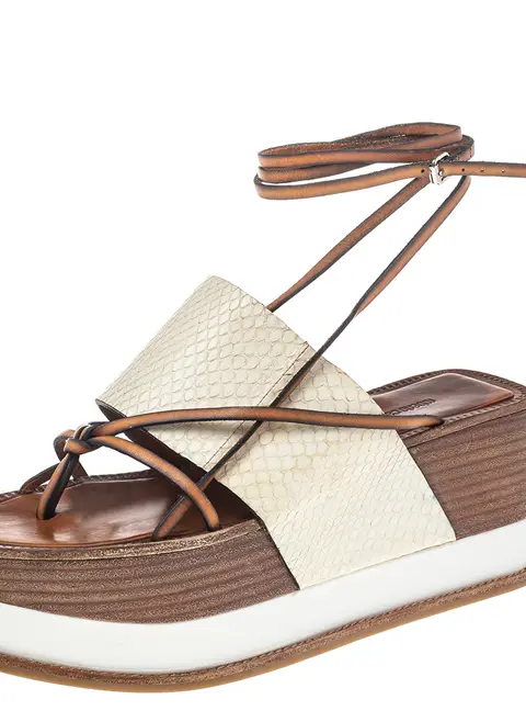 Roberto Cavalli Cream Python Wedge Platform Ankle Wrap Sandals Size 38.5