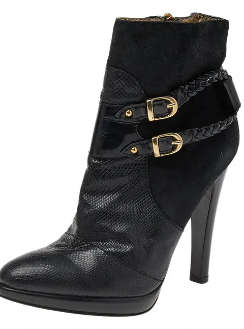 Roberto Cavalli Size 37 Black Patent Leather, Snakeskin Leather and Suede Ankle Length Boots