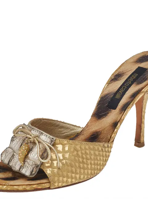 Roberto Cavalli Gold Python Embossed Leather Embellished Slide Sandals Size 37.5