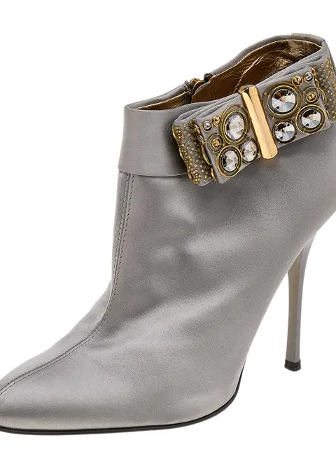 Roberto Cavalli Grey Satin Bow Embellished Ankle Length Boots Size 38