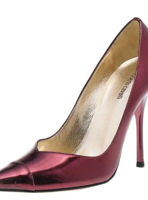 Roberto Cavalli Metallic Burgundy Leather Pointed Toe Pumps Size 37