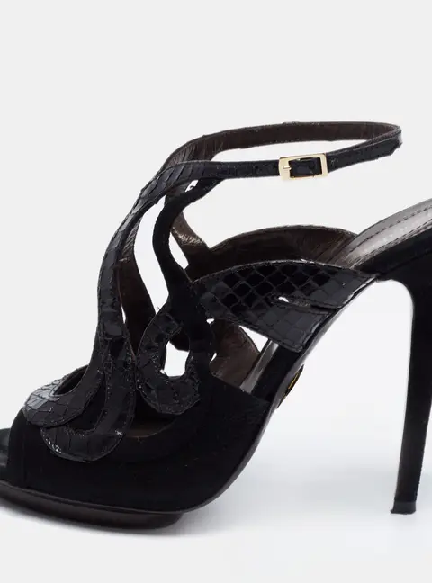 Roberto Cavalli Black Snakeskin Embossed Leather and Suede Ankle Strap Sandals Size 39.5
