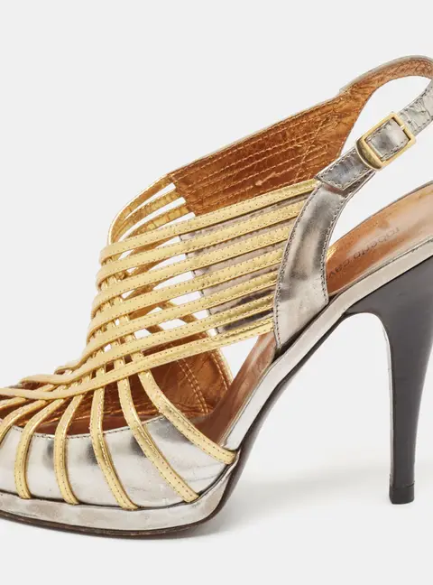Roberto Cavalli Silver/Gold Leather Strappy Slingback Sandals Size 37.5