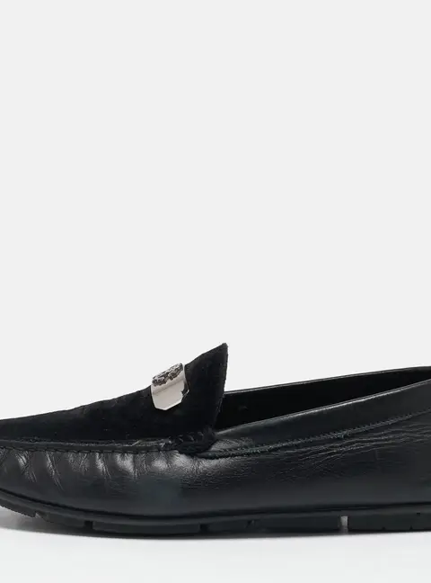 Roberto Cavalli Black Leather and Velvet Slip On Loafers Size 41.5
