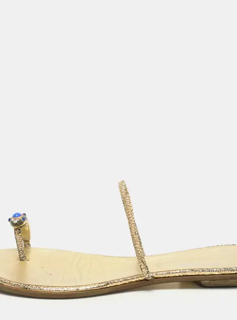Roberto Cavalli Gold Leather Toe Ring Flat Sandals Size 39