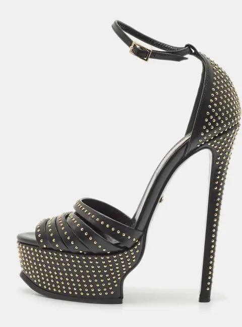 Roberto Cavalli Black Leather Studded Platform Sandals Size 36
