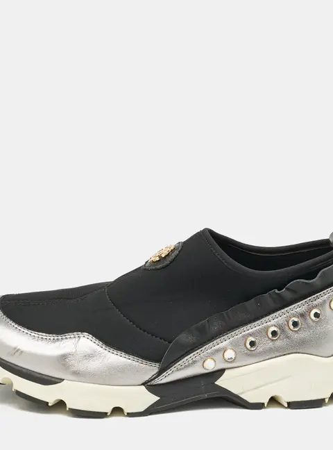 Roberto Cavalli Black/Silver Nylon and Leather Crystal Embellished Slip On Sneakers Size 38