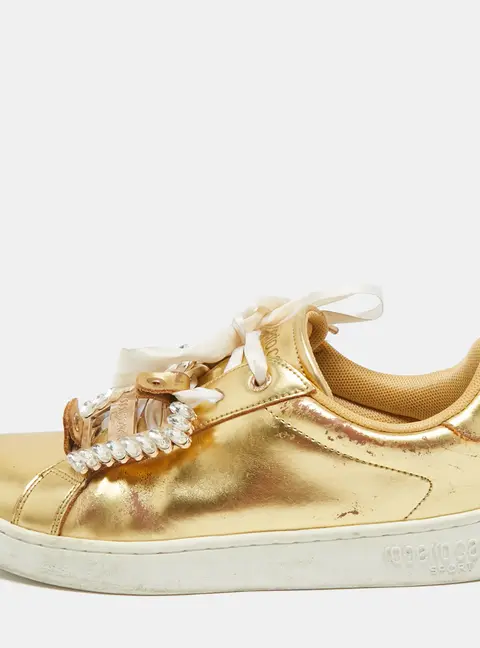 Roberto Cavalli Gold Leather Crystal Embellished Low Top Sneakers Size 39