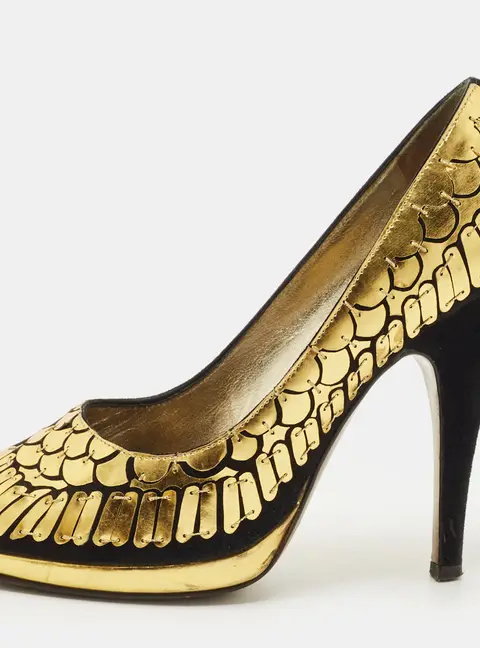 Roberto Cavalli Black/Gold Suede Scale Embellish Peep Toe Pumps Size 36.5