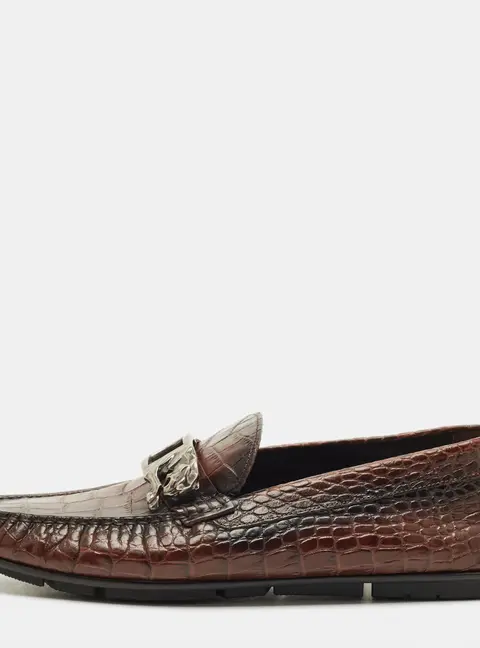 Roberto Cavalli Size 42 Brown Croc Embossed Leather Slip On Loafers