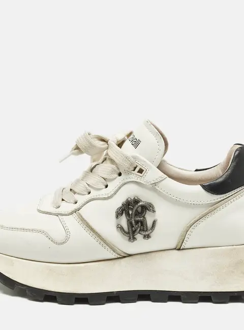 Roberto Cavalli Running Size 37 Black Leather Lace Up Sneakers