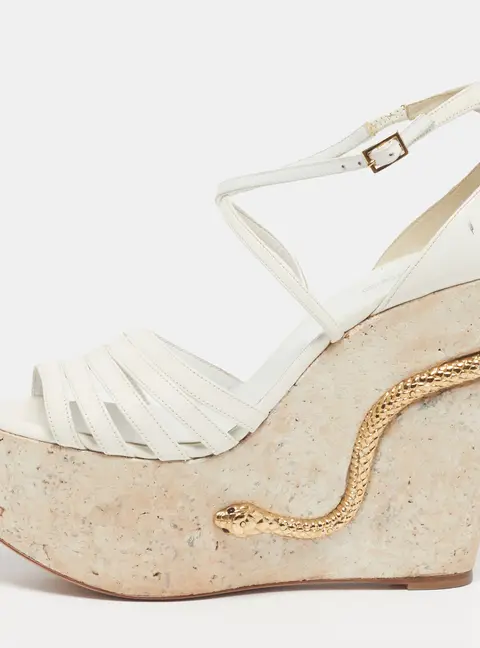Roberto Cavalli Size 40 White Leather Snake Detail Cork Platform Wedge Sandals