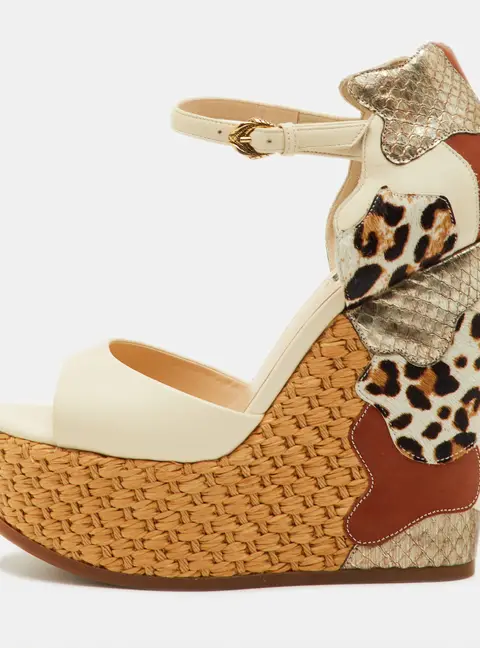 Roberto Cavalli Size 36.5 Beige Leather Woven Platform Wedge Sandals