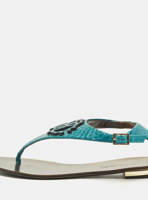 Roberto Cavalli Size 37 Blue Python Embossed Leather Thong Flats