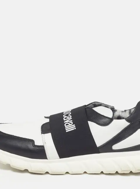 Roberto Cavalli Size 40 White/Black Leather Logo Print Strap Slip On Sneakers