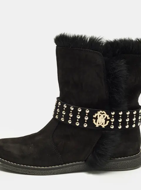 Roberto Cavalli Biker Size 36 Black Suede And Fur Ankle Length Boots