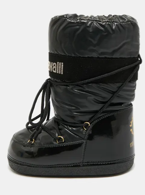 Roberto Cavalli Logo Size 35 Black Patent Leather and Nylon Snow Boots
