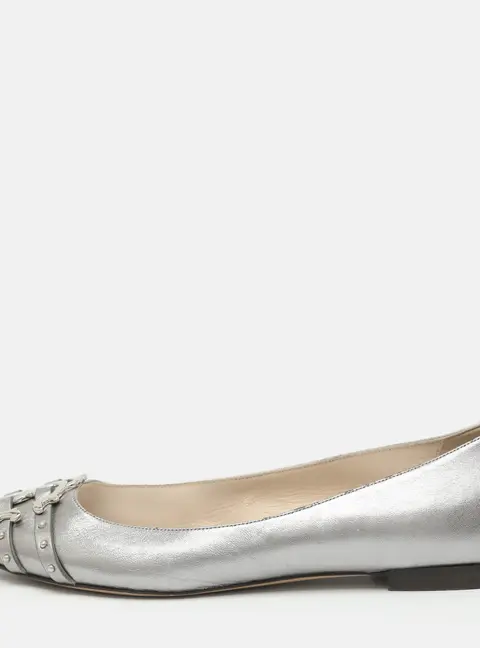 Roberto Cavalli Size 41 Silver Leather Logo Buckle Detailed Ballet Flats