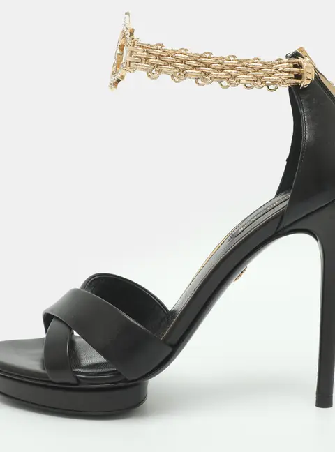 Roberto Cavalli Size 36 Black Leather Chain Link Ankle Strap Sandals