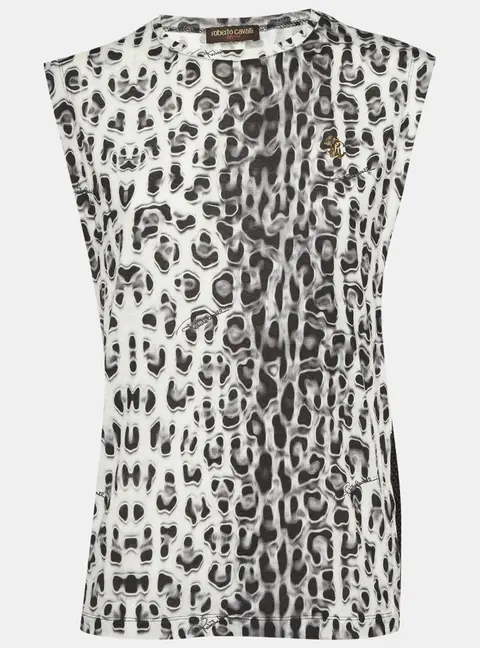 Roberto Cavalli Gym Black/Grey Printed Jersey & Mesh Tank Top S