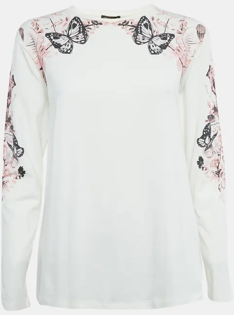 Roberto Cavalli White Printed Cotton T-Shirt XS