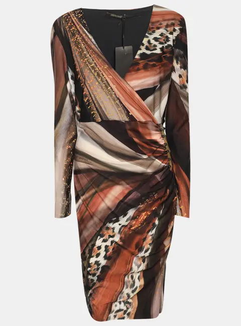 Roberto Cavalli Multicolor Animal Print Stretch Crepe Piercing Draped Midi Dress L
