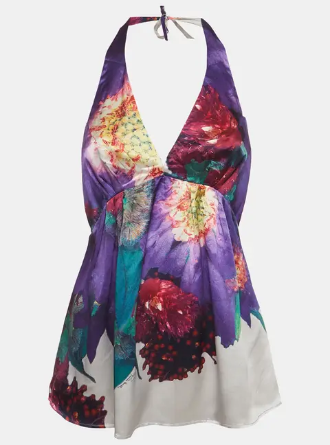 Roberto Cavalli Purple Printed Satin Aizone Halter Neck Top S