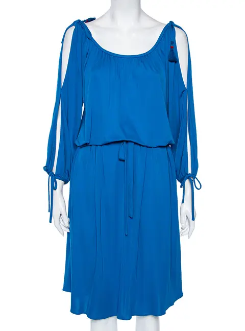 Roberto Cavalli Blue Jersey Cold Shoulder Tassel Tie Detailed Belted Dress M