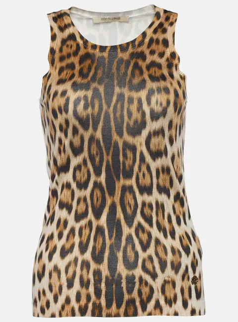 Roberto Cavalli Brown Leopard Print Knit Tank Top S