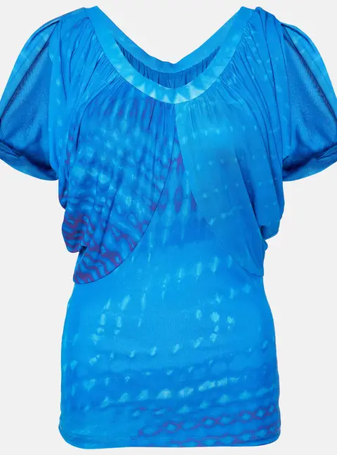 Roberto Cavalli Blue Printed Jersey Draped Sleeve Top S