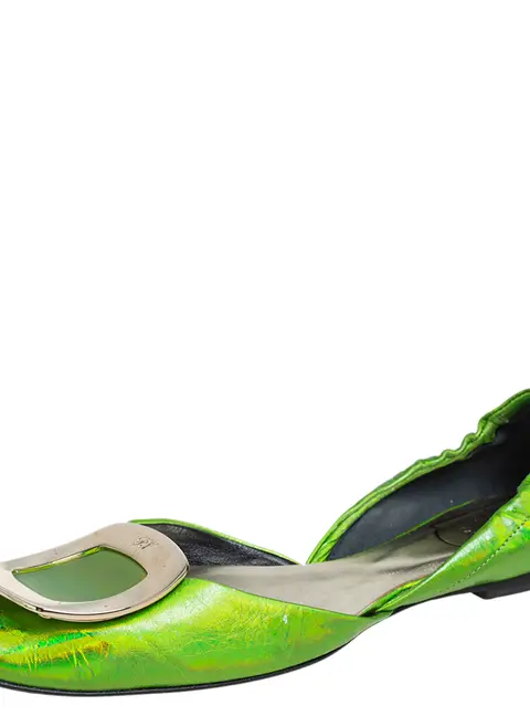 Roger Vivier Metallic Green Leather Flats Size 35.5