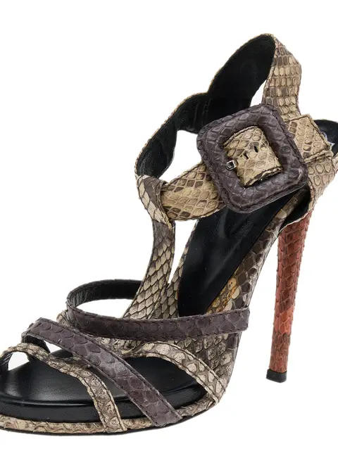 Roger Vivier Brown Python Leather Ankle Strap Sandals Size 39.5