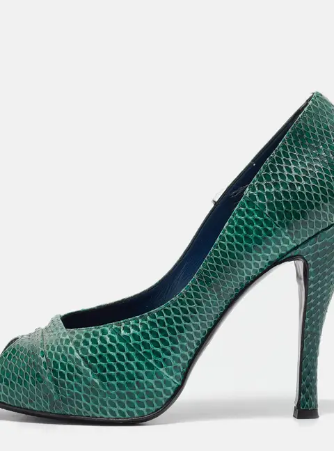 Roger Vivier Green Snakeskin Leather Peep Toe Pumps Size 37.5