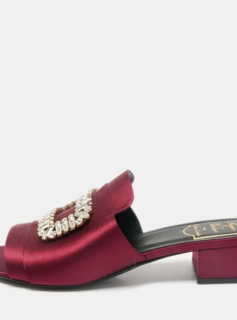 Roger Vivier Burgundy Satin Crystal Embellished Slide Sandals Size 38