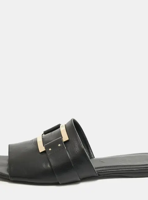 Roger Vivier Black Leather Buckle Flat Slides Size 41